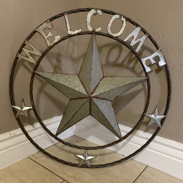 #RT6160 WELCOME GALV 24" METAL BARN STAR TWISTED RING WESTERN HOME DECOR HANDMADE NEW