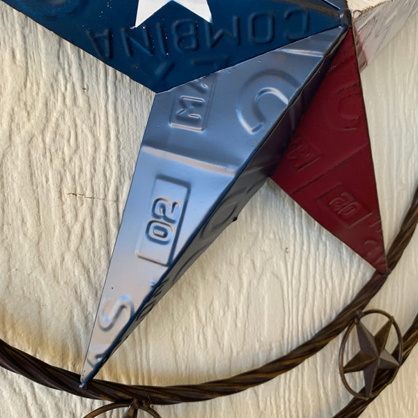 24" LICENSE PLATE MULTI STAR RED WHITE BLUE METAL BARN STAR WESTERN HOME DECOR NEW