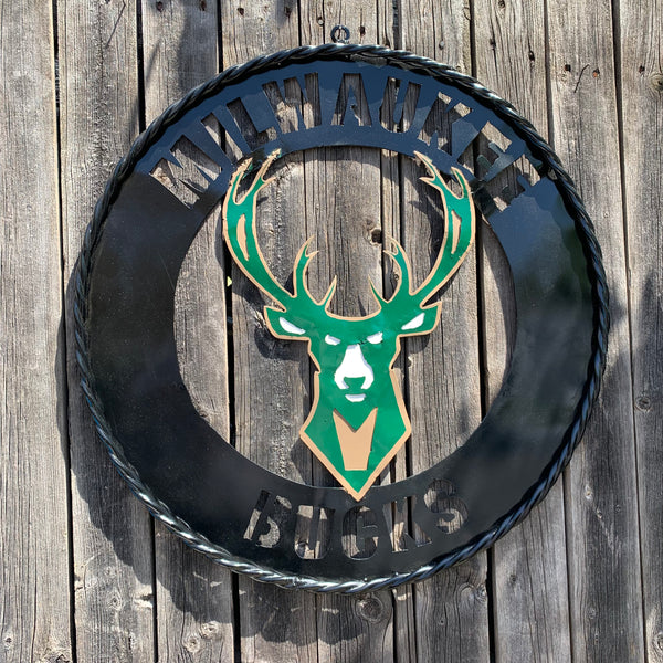 24" MILWAUKEE BUCKS WIDE BAND DISC STYLE METAL CUSTOM VINTAGE CRAFT TEAM SPORTS SIGN HANDMADE