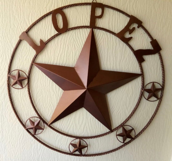 LOPEZ CUSTOM STAR NAME BARN METAL STAR 3d TWISTED ROPE RING WESTERN HOME DECOR RUSTIC  BRONZE HANDMADE 24",32",34",36",40",42",44",46",50"