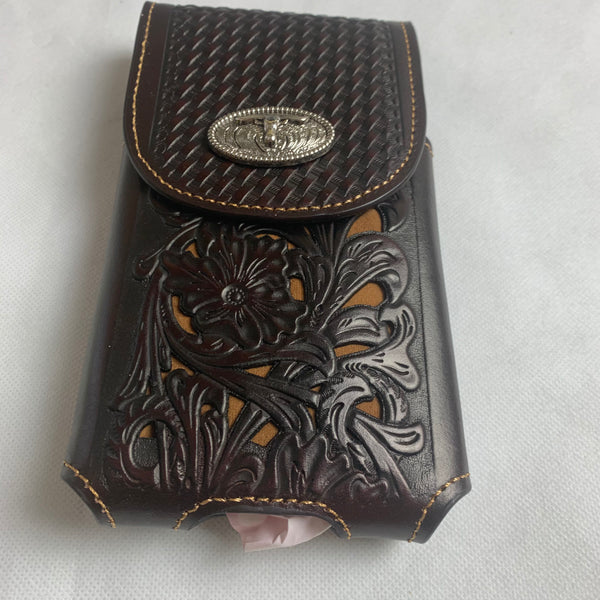 #LG2002 7.5" LONGHORN COFFEE BROWN & BEIGE  LEATHER POUCH EXTRA LARGE  BELT LOOP HOLSTER CELL PHONE CASE UNIVERSAL OVERSIZE