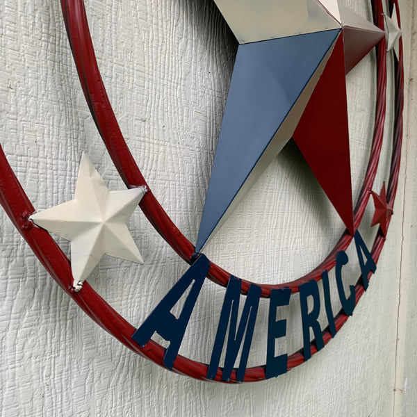 #EH10489 GOD BLESS AMERICA USA FLAG BARN STAR METAL RED WHITE BLUE WESTER HOME DECOR HANDMADE NEW