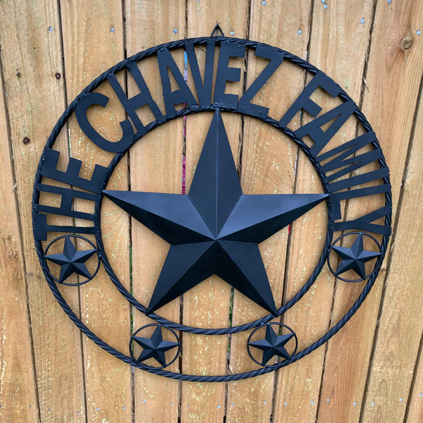 CHAVEZ STYLE CUSTOM FAMILY NAME STAR BLACK STEEL METAL BARN STAR ROPE RING WESTERN HOME DECOR VINTAGE NEW HANDMADE 24",32",34",36",40",42",44",46",50"