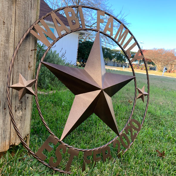 KOLET FAMILY STYLE YOUR CUSTOM FAMILY NAME STAR METAL BARN STAR ROPE RING KOLET FAMILY WESTERN HOME DECOR VINTAGE RUSTIC BROWN NEW HANDMADE 24",32",34",36",40",42",44",46",50"