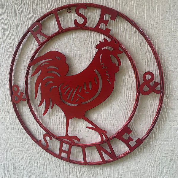 #SI_B9504 RISE & SHINE 24" RED ROOSTER CHICKEN METAL SIGN WESTERN HOME DECOR HANDMADE NEW