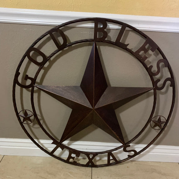 #EH10197 GOD BLESS TEXAS BARN STAR METAL LONESTAR TWISTED ROPE RING WESTERN HOME DECOR HANDMADE NEW