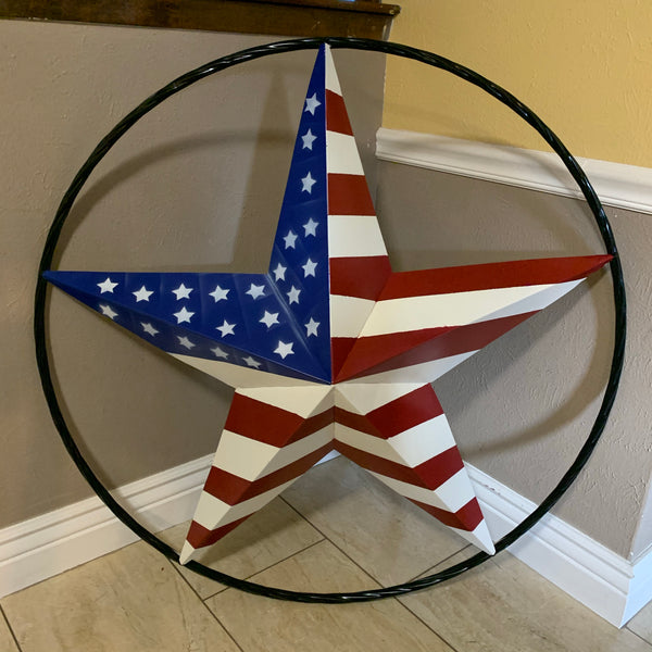 AMERICAN Flag USA Metal Barn Star RED WHITE & BLUE with Black Rope Ring Western Home Decor Handmade 12",16",24",30",34",36",40",48"