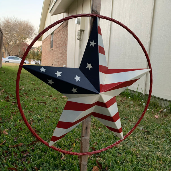 AMERICAN Flag USA Metal Barn Star RED, WHITE & BLUE WITH RED Rope Ring Western Home Decor Handmade 12",16",24",30",34",36",40",48"