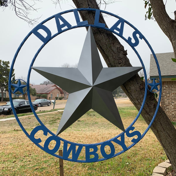 DALLAS COWBOYS SILVER & LIGHT BLUE BARN STAR CUSTOM VINTAGE METAL LONE STAR ART WESTERN HOME DECOR SIZE:24",32",36",40",42",44",46",50"