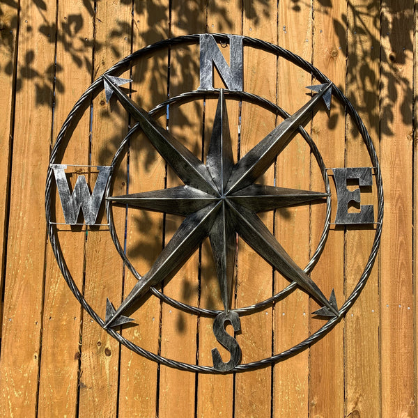 36" COMPASS GREY METAL ART WESTERN METAL ART HOME WALL DECOR RUSTIC GREY