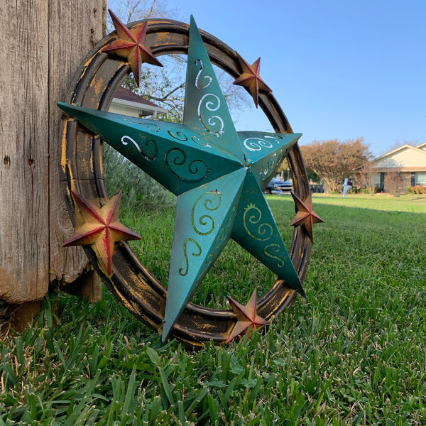 #RT5045 TURQUOISE CARVED CUT STAR 26",36", BARN METAL WESTERN HOME DECOR HANDMADE NEW