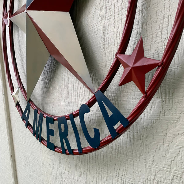 #EH10489 GOD BLESS AMERICA USA FLAG BARN STAR METAL RED WHITE BLUE WESTER HOME DECOR HANDMADE NEW