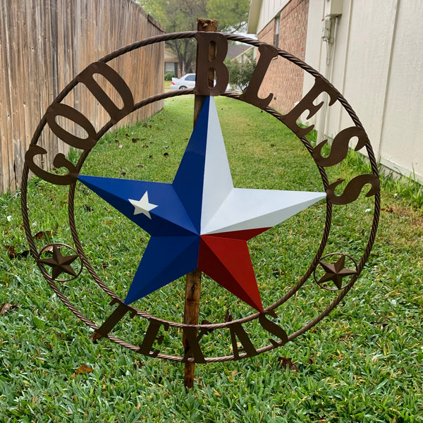 GOD BLESS TEXAS RED WHITE BLUE BARN METAL STAR BRONZE TWISTED ROPE RING WALL ART WESTERN HOME DECOR HANDMADE