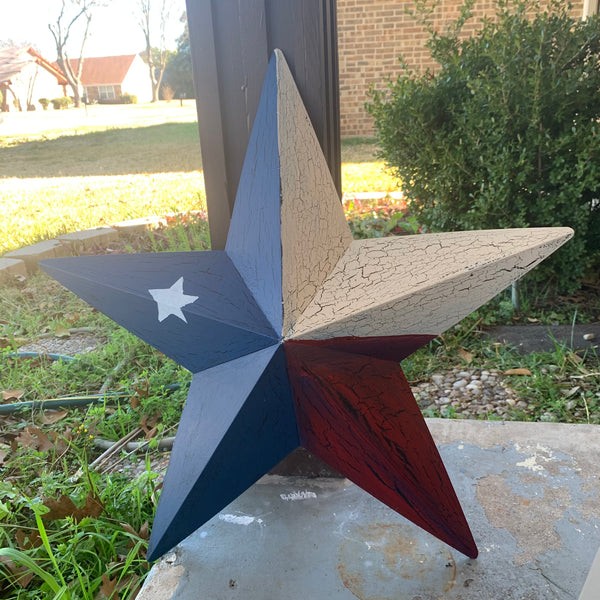 CRACKLE STYLE RED BEIGE & BLUE METAL BARN STAR METAL WALL ART WESTERN HOME DECOR RUSTIC NEW