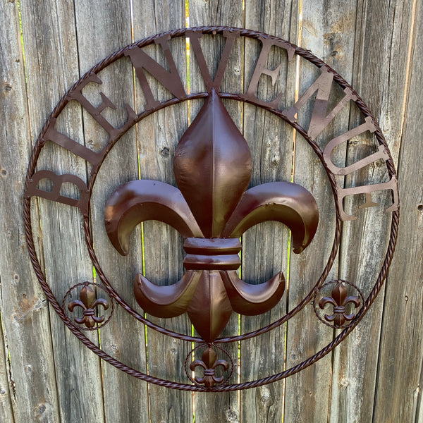 24", 32" FLEUR DE LIS BIENVENUE METAL WALL ART WESTERN HOME DECOR RUSTIC BROWN NEW