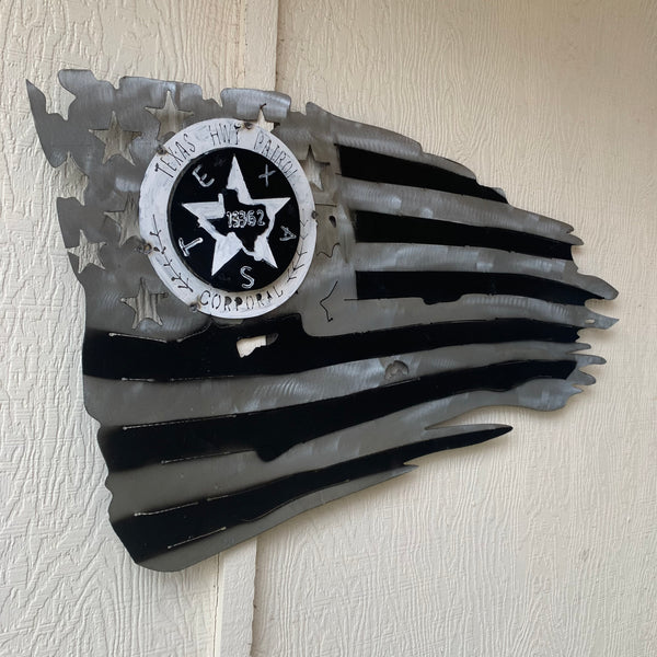 TEXAS HIGHWAY PATROL TATTERED FLAG WITH BADGE# CUSTOM METAL VINTAGE CRAFT ART WESTERN HOME DECOR