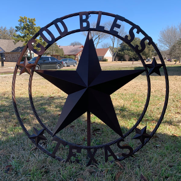#EH11085 GOD BLESS TEXAS BROWN BARN STAR METAL LONE STAR TWISTED ROPE RING WESTERN HOME DECOR HANDMADE NEW