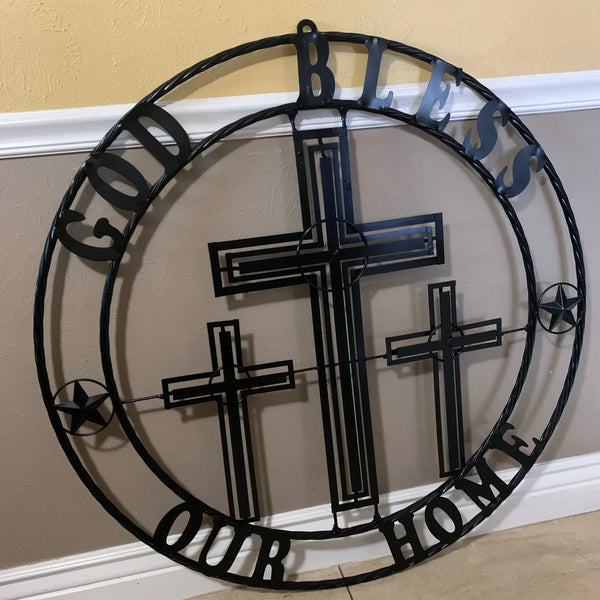40"GOD BLESS OUR HOME CRUCIFIX CROSS METAL WALL ART BLACK HANDMADE NEW