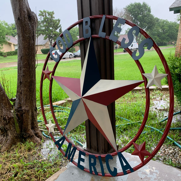 #EH10489 GOD BLESS AMERICA USA FLAG BARN STAR METAL RED WHITE BLUE WESTER HOME DECOR HANDMADE NEW