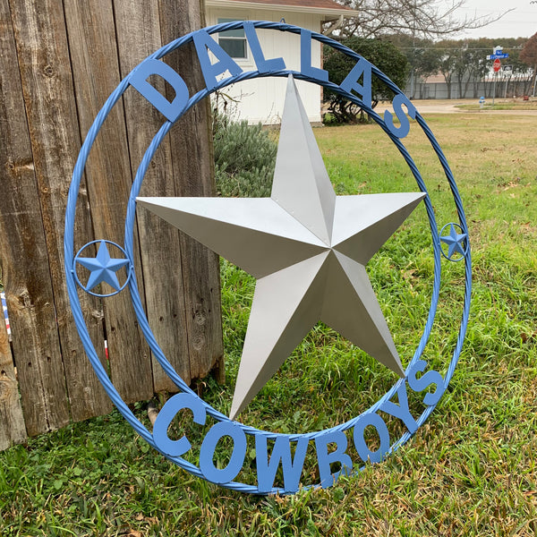 DALLAS COWBOYS SILVER & LIGHT BLUE BARN STAR CUSTOM VINTAGE METAL LONE STAR ART WESTERN HOME DECOR SIZE:24",32",36",40",42",44",46",50"