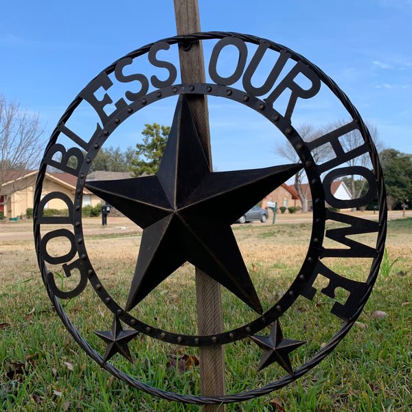 24" GOD BLESS OUR HOME BEADED BARN STAR WITH TWISTED ROPE RING DESIGN METAL WALL ART WESTERN HOME DECOR VINTAGE RUSTIC DARK BRONZE COPPER NEW