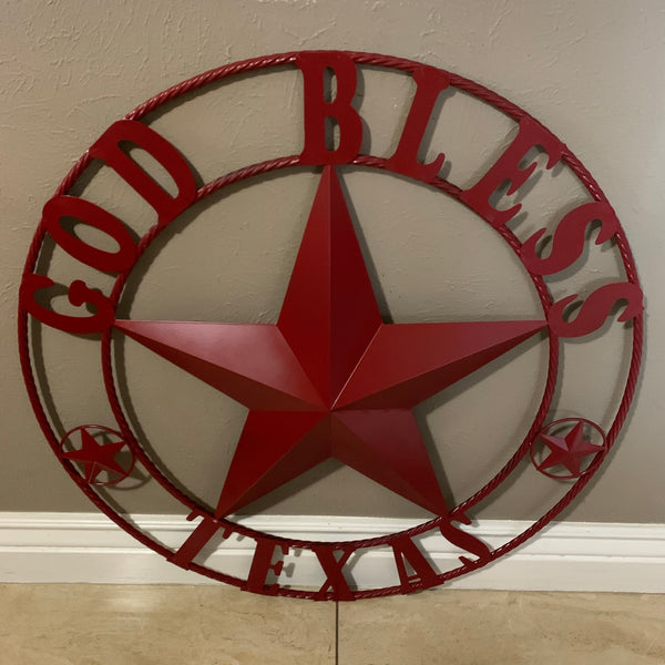 24",32",40",50" BURGUNDY RED GOD BLESS TEXAS BARN STAR ROPE RING METAL WALL ART WESTERN HOME DECOR NEW