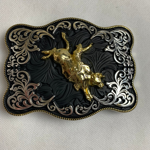 4.5" X 3.5" RODEO BELT BUCKLE BLACK SILVER & GOLD WESTERN BUCKLE FASHION ART NEW #EH12269