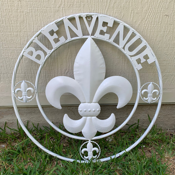 24", 32" GLOSS WHITE FLEUR DE LIS BIENVENUE METAL WALL ART WESTERN HOME DECOR