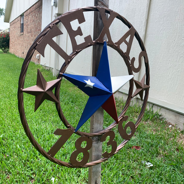 16" TEXAS 1836 RED WHITE BLUE TEXAS FLAG STAR BRONZE RING METAL BARN STAR WESTERN HOME DECOR HANDMADE NEW ART