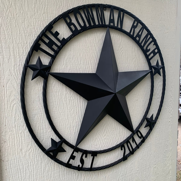 CREEKSIDE FARM STYLE YOUR CUSTOM NAME BARN BLACK STAR 3d WITH TWISTED ROPE RING DESIGN METAL WALL ART WESTERN HOME DECOR NEW HANDMADE, 24", 32", 36", 40", 44", 46", 50"