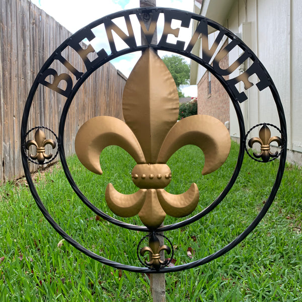 BIENVENUE FLEUR DE LIS METAL WALL ART WESTERN HOME DECOR RUSTIC GOLD & BLACK NEW--FREE SHIPPING