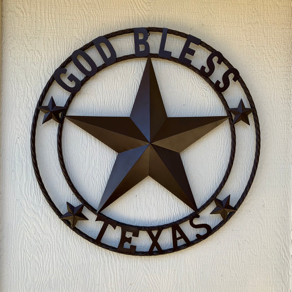 #EH11085 GOD BLESS TEXAS BROWN BARN STAR METAL LONE STAR TWISTED ROPE RING WESTERN HOME DECOR HANDMADE NEW