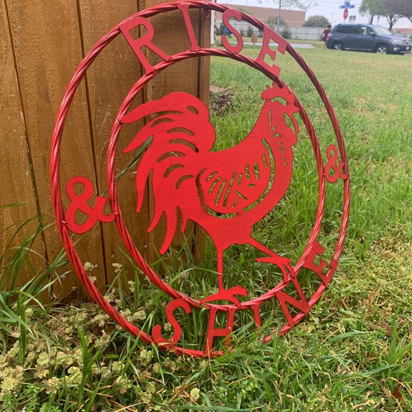 #SI_B9504 RISE & SHINE 24" RED ROOSTER CHICKEN METAL SIGN WESTERN HOME DECOR HANDMADE NEW