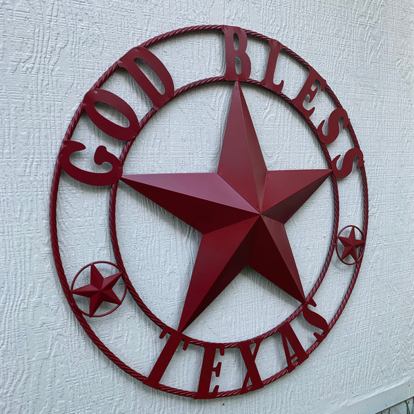 24",32",40",50" BURGUNDY RED GOD BLESS TEXAS BARN STAR ROPE RING METAL WALL ART WESTERN HOME DECOR NEW
