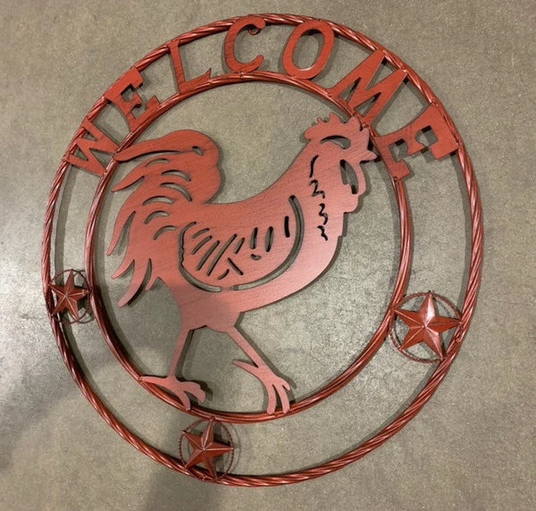 24" ROOSTER WELCOME WITH RING DESIGN WESTERN METAL ANIMAL ART HOME WALL DECOR BRAND NEW