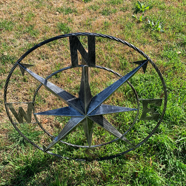 36" COMPASS GREY METAL ART WESTERN METAL ART HOME WALL DECOR RUSTIC GREY