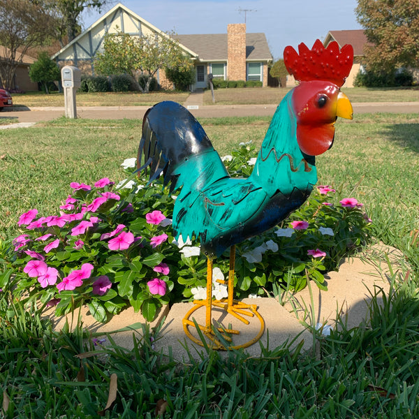 #34-041 RUSTIC TURQUOISE ROOSTER 20",30",40" CHICKEN GARDEN ANIMAL SCULPTURE METAL DECOR ORNAMENT HANDMADE