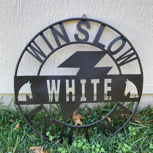 CUSTOM NAME LIGHTNIN HORSE SIGN RAW METAL BARN ROPE RING WESTERN HOME DECOR HANDMADE 24",32",36"