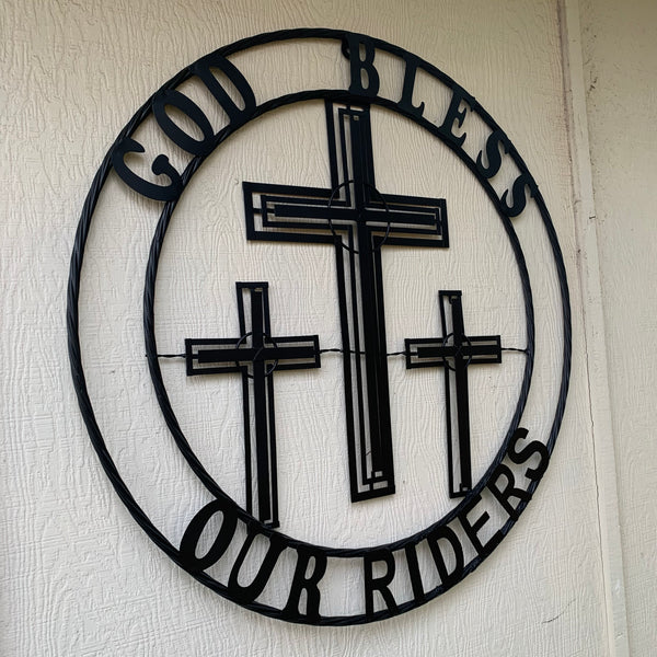 40"GOD BLESS OUR RIDERS CRUCIFIX BLACK CROSS METAL WALL ART HANDMADE