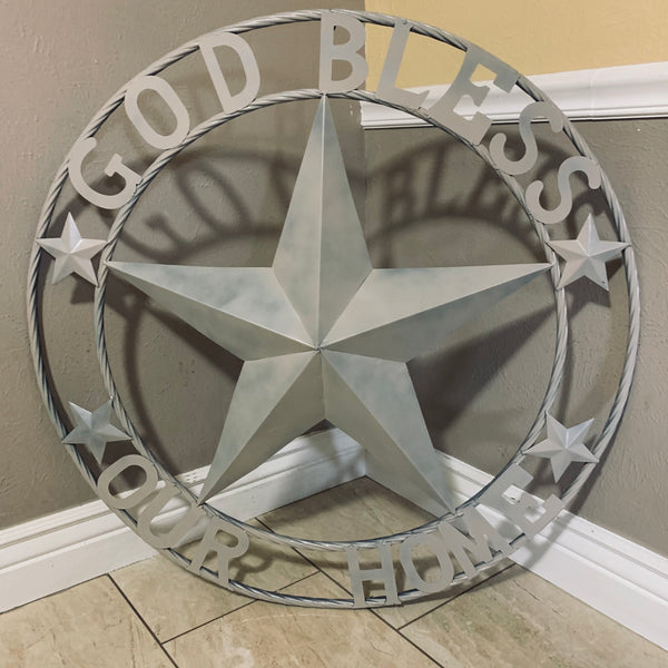 36" GOD BLESS OUR HOME RUSTIC BEIGE BARN METAL STAR ROPE RING WALL ART WESTERN HOME DECOR--FREE SHIPPING