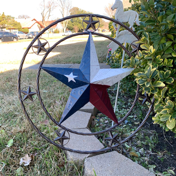 24" LICENSE PLATE MULTI STAR RED WHITE BLUE METAL BARN STAR WESTERN HOME DECOR NEW