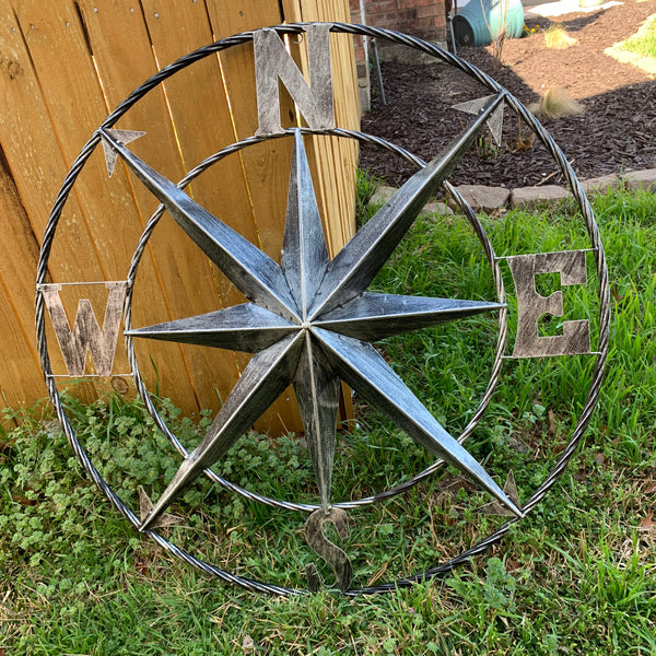 36" COMPASS GREY METAL ART WESTERN METAL ART HOME WALL DECOR RUSTIC GREY