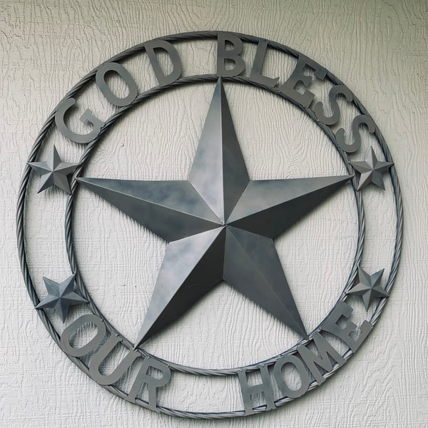 36" GOD BLESS OUR HOME RUSTIC BEIGE BARN METAL STAR ROPE RING WALL ART WESTERN HOME DECOR--FREE SHIPPING