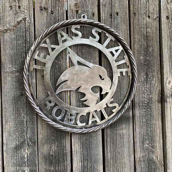 12" TEXAS STATE BOBCATS CUSTOM RAW METAL VINTAGE CRAFT SIGN TEAM ART HANDMADE IN TEXAS