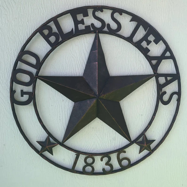 24",32" 1836 GOD BLESS TEXAS 1836 BARN METAL STAR TWISTED ROPE RING WESTERN HOME DECOR RUSTIC BRONZE NEW