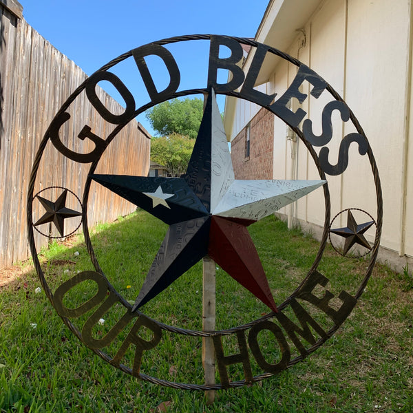 24", 32", 40" GOD BLESS OUR HOME LICENSE PLATE BARN METAL STAR ROPE RING WALL ART WESTERN HOME DECOR RED WHITE & BLUE