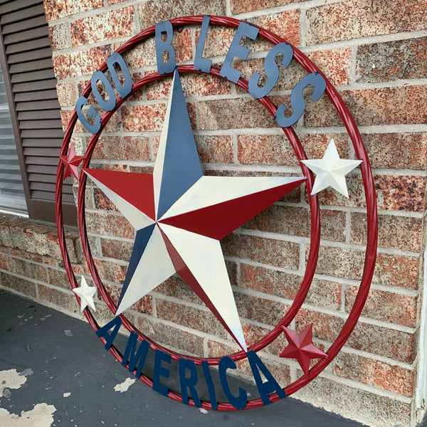 #EH10489 GOD BLESS AMERICA USA FLAG BARN STAR METAL RED WHITE BLUE WESTER HOME DECOR HANDMADE NEW