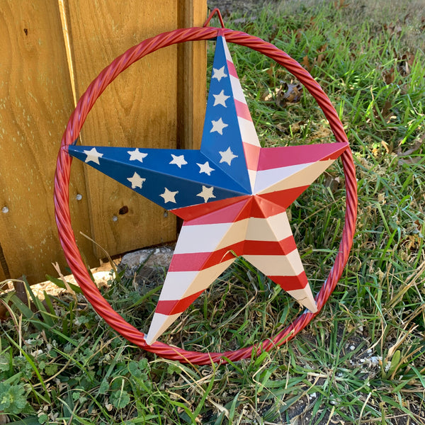 AMERICAN Flag USA Metal Barn Star RED , BEIGE, NAVY BLUE WITH RED Rope Ring Western Home Decor Handmade 12",16",24",30",34",36",40",48"