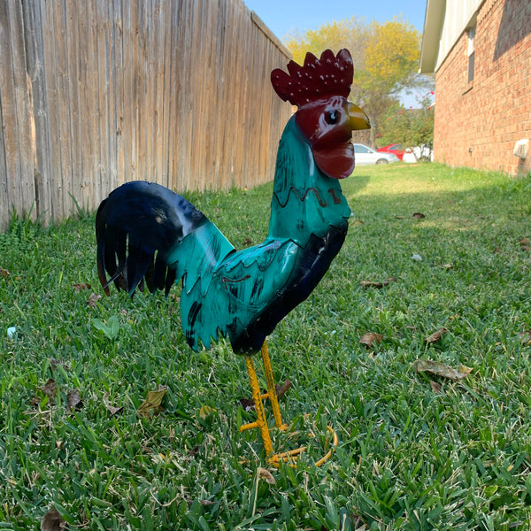 #34-041 RUSTIC TURQUOISE ROOSTER 20",30",40" CHICKEN GARDEN ANIMAL SCULPTURE METAL DECOR ORNAMENT HANDMADE
