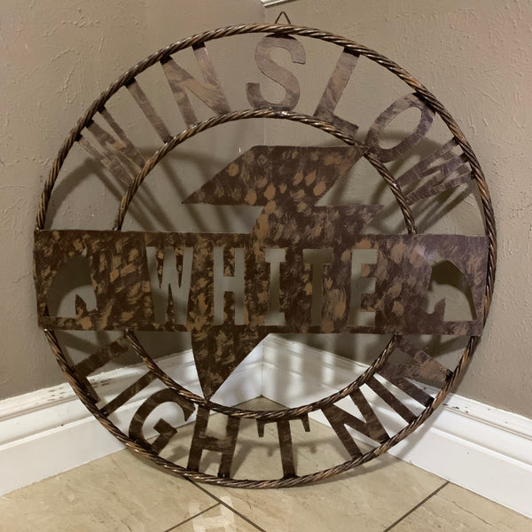 CUSTOM NAME LIGHTNIN HORSE SIGN RAW METAL BARN ROPE RING WESTERN HOME DECOR HANDMADE 24",32",36"